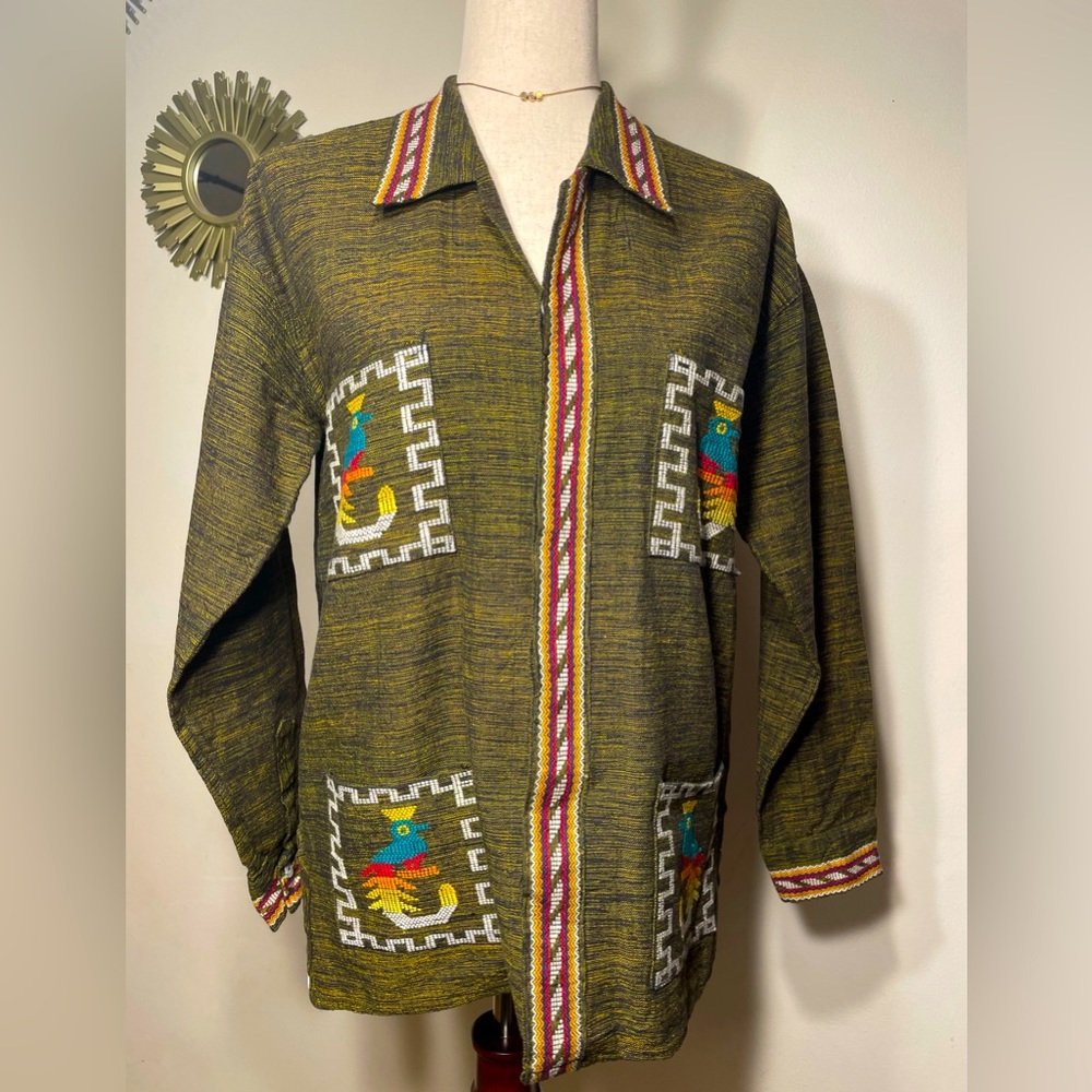 Vintage Men's 1960s Guatemalan Aztec Embroidered Handwoven Cotton Shirt